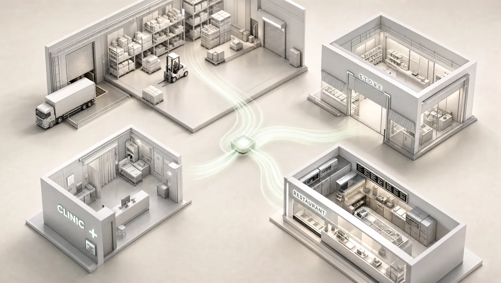 Isometric models of a warehouse, storefront, clinic and restaurant connected to one intelligence core